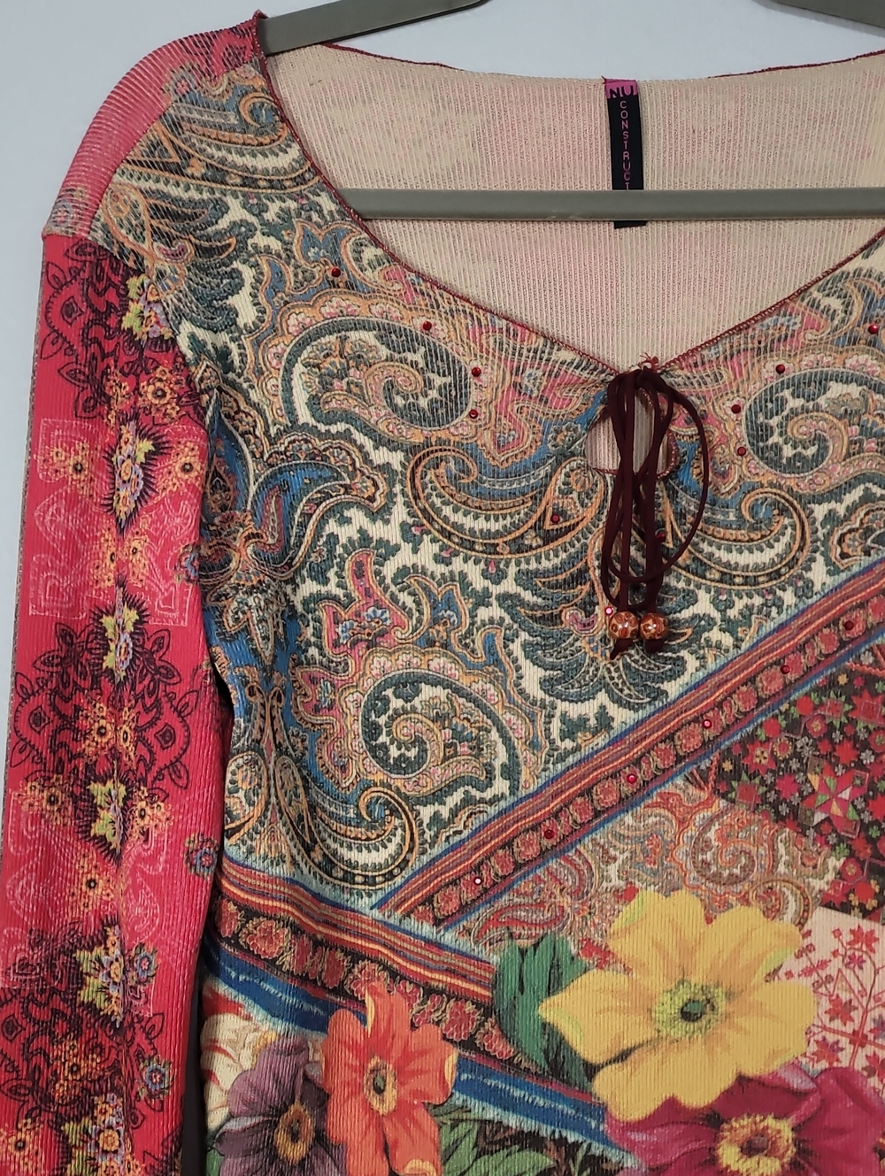 Vintage NU Construction Artsy Mixed Pattern Long Sleeve Top Size S/M - Picture 2 of 10
